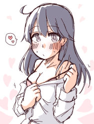 Rule 34 | 1girl, ahoge, black hair, blush, bra, breasts, brown eyes, cleavage, commentary request, dress shirt, heart, highres, kantai collection, long hair, long sleeves, medium breasts, nose blush, shirt, solo, spoken heart, tatahai, underwear, upper body, ushio (kancolle), white background, white shirt