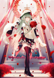 Rule 34 | 1girl, :d, backlighting, black footwear, black skirt, boots, bouquet, cecilia (shiro seijo to kuro bokushi), commentary request, flower, green eyes, green hair, hair between eyes, high heel boots, high heels, holding, holding bouquet, kazutake hazano, long sleeves, looking at viewer, open mouth, petals, pleated skirt, red flower, red rose, rose, rose petals, shiro seijo to kuro bokushi, shirt, skirt, smile, solo, standing, thigh boots, veil, white shirt, wide sleeves