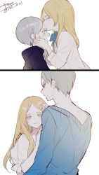 Rule 34 | 1boy, 1girl, back, blonde hair, blue eyes, blue hoodie, blue sweater, blush, brother and sister, child, kissing forehead, from side, grey hair, haiba arisa, haiba lev, haikyuu!!, hood, hoodie, kiss, kissing forehead, long hair, long sleeves, looking at viewer, multiple views, panels, shirt, short hair, siblings, simple background, sweater, upper body, white background, white shirt, yasai (getsu), aged down