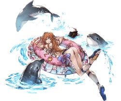 Rule 34 | 10s, 1girl, armlet, ass, bikini, blue eyes, blue fantasy, bracelet, braid, brown hair, bubble, derivative work, dolphin, granblue fantasy, hat, jewelry, lecia (granblue fantasy), long hair, minaba hideo, official art, peaked cap, sandals, simple background, solo, squemezzo, swimsuit, third-party edit, water