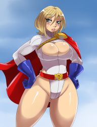 Rule 34 | 1girl, aqua eyes, blonde hair, blush, breasts, bursting breasts, cape, cleavage, cleavage cutout, clothing cutout, curvy, dc comics, eric lowery, female focus, gloves, gradient background, highleg, highleg leotard, highres, kryptonian, large breasts, leotard, looking at viewer, parted lips, power girl, red cape, short hair, solo, superhero costume, sweat, thick thighs, thighs, wide hips