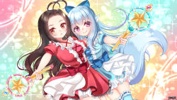 Rule 34 | 2girls, :o, animal ears, antenna hair, blue bow, blue dress, blue hair, blue thighhighs, bow, breasts, brown eyes, brown hair, character request, cleavage, closed mouth, criss-cross halter, dairoku ryouhei, dress, dutch angle, forehead, hair between eyes, hair bow, halterneck, highres, holding, holding wand, lace, lace-trimmed dress, lace trim, long hair, medium breasts, mirai (happy-floral), multiple girls, official art, outstretched arm, parted bangs, parted lips, pleated dress, puffy short sleeves, puffy sleeves, purple eyes, red bow, red dress, ribbon-trimmed legwear, ribbon trim, short sleeves, small breasts, smile, tail, thighhighs, very long hair, wand