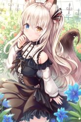 Rule 34 | 1girl, animal ear fluff, animal ears, bare shoulders, blue eyes, blush, center frills, commentary, corset, flat chest, flower, fox ears, fox girl, fox tail, frills, hair between eyes, hair ribbon, heterochromia, highres, long hair, long sleeves, looking at viewer, one side up, original, platinum blonde hair, puffy long sleeves, puffy sleeves, ribbon, sakura ani, smile, solo, tail, very long hair, yellow eyes