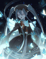 Rule 34 | 1girl, absurdres, aqua hair, book, bug, bug miku (project voltage), butterfly, closed eyes, creatures (company), dress, game freak, hair through headwear, hands on own chest, hat, hatsune miku, highres, holding, holding book, insect, kanvien, long hair, music, necktie, nintendo, open mouth, pokemon, project voltage, singing, solo, tears, twintails, very long hair, vocaloid