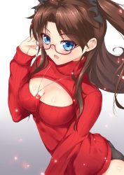 Rule 34 | 1girl, ass, between breasts, black hair, black panties, blue eyes, blush, breasts, cleavage, cleavage cutout, clothing cutout, fate/stay night, fate (series), glasses, highres, jewelry, large breasts, long hair, looking at viewer, looking away, meme attire, necklace, no bra, open-chest sweater, open mouth, panties, pc9527, pendant, red sweater, ribbed sweater, solo, sweater, tohsaka rin, turtleneck, twintails, two side up, underwear