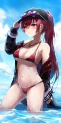 Rule 34 | 1girl, absurdres, bikini, black hat, blush, breasts, commentary, cowboy shot, earrings, eyewear on headwear, halterneck, hand on headwear, hat, heart, heart-shaped eyewear, heart earrings, heart necklace, heterochromia, highres, hololive, houshou marine, houshou marine (summer), huge filesize, jewelry, kabedoru, long hair, looking at viewer, medium breasts, navel, necklace, official alternate costume, parted lips, ponytail, red bikini, red eyes, red hair, solo, strap gap, string bikini, sunglasses, swimsuit, very long hair, virtual youtuber, wading, water, wet, wet clothes, yellow eyes
