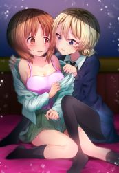 Rule 34 | 2girls, black legwear, blonde hair, blouse, blue eyes, blue skirt, blue sweater, blush, braid, braided bun, brown eyes, brown hair, camisole, closed mouth, clothes pull, darjeeling (girls und panzer), dress shirt, frown, girls und panzer, hair bun, highres, indoors, light particles, long sleeves, looking at another, miniskirt, multiple girls, nishizumi miho, no shoes, on bed, ooarai school uniform, open clothes, open mouth, open shirt, pantyhose, pink shirt, pleated skirt, pulling another&#039;s clothes, rurikoke, school uniform, serafuku, shirt, shirt pull, short hair, sitting, skirt, smile, st. gloriana&#039;s school uniform, straddling, sweatdrop, sweater, undressing another, wariza, white shirt, wing collar, yuri
