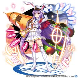Rule 34 | 1girl, alternate costume, animal ears, bullet, closed mouth, collared shirt, copyright name, copyright notice, full body, game cg, high heels, jacket, long hair, looking at viewer, purple hair, rabbit ears, rabbit girl, rabbit tail, reisen udongein inaba, reisen udongein inaba (special investigation white rabbit), rocket, rotte (1109), shirt, solo, tail, thighhighs, third-party source, touhou, touhou lostword, white footwear, white jacket, white shirt, white thighhighs