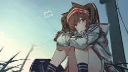 Rule 34 | 1girl, angelina (arknights), animal ears, arknights, black bag, black socks, chichi guai, closed mouth, commentary request, feet out of frame, fox ears, fox girl, hairband, highres, hood, hooded jacket, hugging own legs, jacket, knees up, long hair, long sleeves, looking at viewer, outdoors, red eyes, red hairband, sitting, socks, solo, striped clothes, striped hairband, twintails, utility pole, white jacket