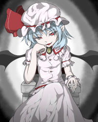Rule 34 | 1girl, ascot, bat wings, blue hair, brooch, chair, elbow rest, fang, fuyuno (kiddyland), gradient background, grey background, hat, hat ribbon, head rest, head tilt, jewelry, looking at viewer, mob cap, pale skin, parted lips, pointy ears, red eyes, remilia scarlet, ribbon, short hair, short sleeves, skirt, skirt set, solo, touhou, wings, wrist cuffs