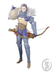 Rule 34 | 1boy, abs, absurdres, arrow (projectile), bow (weapon), circlet, fingerless gloves, fire emblem, fire emblem: mystery of the emblem, full body, fur trim, gauntlets, gloves, highres, jake (fire emblem), john dimayuga, male focus, nintendo, purple eyes, purple hair, quiver, topless male, solo, weapon