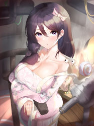 Rule 34 | 1girl, absurdres, arm under breasts, black hair, blush, bow, breasts, cleavage, clothes pull, from above, futon fly away, hair between eyes, hair bow, highres, large breasts, long hair, long sleeves, looking at viewer, mouth hold, no bra, original, parted lips, pink bow, pink shirt, purple eyes, shirt, shirt pull, side ponytail, single bare shoulder, snail, standing, wide sleeves
