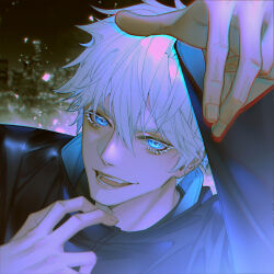 Rule 34 | 1boy, arm up, black jacket, blue eyes, colored eyelashes, commentary request, fang, gojou satoru, hair between eyes, hand up, high collar, highres, jacket, jujutsu kaisen, looking at viewer, male focus, no blindfold, open mouth, portrait, short hair, solo, teeth, white hair, yiburning
