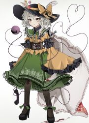 Rule 34 | 1girl, absurdres, adapted costume, black footwear, black hat, black pantyhose, blood, bloody weapon, blush, closed mouth, collared shirt, frilled shirt collar, frilled sleeves, frills, full body, green eyes, green skirt, grey hair, hair between eyes, hat, hat ribbon, heart, heart of string, high heels, highres, holding, holding knife, knife, komeiji koishi, ougiikun, pantyhose, pleated skirt, ribbon, shirt, short hair, simple background, skirt, sleeves past fingers, sleeves past wrists, solo, third eye, touhou, weapon, white background, wide sleeves, yellow ribbon, yellow shirt