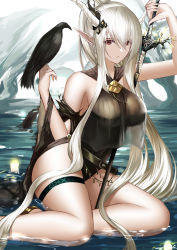 Rule 34 | 1girl, absurdres, an yasuri, animal, arknights, arm up, bare legs, bare shoulders, bird, black one-piece swimsuit, breasts, crow, hair between eyes, highres, holding, holding sword, holding weapon, horns, large breasts, leotard, long hair, looking at viewer, official alternate costume, one-piece swimsuit, parted lips, pointy ears, red eyes, revision, shining (arknights), shining (silent night) (arknights), sidelocks, sitting, solo, swimsuit, sword, thigh strap, thighs, very long hair, water, weapon, white hair