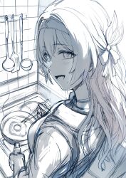Rule 34 | 1girl, :d, apron, blush, chopsticks, egg, firefly (honkai: star rail), hair ornament, hairband, hews, highres, holding, holding chopsticks, honkai: star rail, honkai (series), kitchen, ladle, long hair, long sleeves, looking at viewer, monochrome, open mouth, shirt, sketch, smile, solo, unfinished
