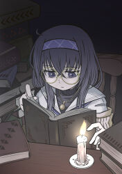 Rule 34 | 1girl, bags under eyes, black hair, blue archive, blue eyes, blue hairband, book, book stack, brown cardigan, candle, candlelight, cardigan, chair, commentary request, crossed bangs, desk, fire, hair between eyes, hairband, highres, holding, holding book, jewelry, long hair, long sleeves, necklace, okai (pixiv6333), reading, round eyewear, sitting, solo, turning page, ui (blue archive), yellow-framed eyewear