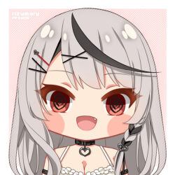 Rule 34 | 1girl, @ @, artist name, black collar, blush stickers, braid, breasts, camisole, chibi, cleavage, collar, commentary, fang, fpsmoe, frilled camisole, frills, grey hair, hair ornament, hairclip, heart, heart hair ornament, hololive, long hair, looking at viewer, medium breasts, multicolored hair, no nose, open mouth, pink background, red eyes, sakamata chloe, simple background, single braid, solo, streaked hair, virtual youtuber, white camisole, x hair ornament