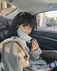 Rule 34 | 1girl, angry, black hair, car, car interior, cellphone, chainsaw man, clenched teeth, commentary, cross scar, eyewear on head, facial scar, flip phone, highres, hood, hooded jacket, jacket, long hair, looking at viewer, mask, motor vehicle, mouth mask, phone, removing mask, ringed eyes, scar, scar on cheek, scar on face, solo, sunglasses, surgical mask, taorotana, teeth, upper body, yellow eyes, yoru (chainsaw man)