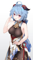 Rule 34 | 1girl, absurdres, ahoge, bare arms, bare shoulders, bell, black leotard, blue hair, blush, bodystocking, bodysuit, bow, breasts, brown pantyhose, chinese knot, clothes lift, covered erect nipples, cowboy shot, flower knot, ganyu (genshin impact), genshin impact, gold trim, groin, highres, horns, legs together, leotard, leotard under clothes, lifting own clothes, long hair, looking at viewer, medium breasts, neck bell, no gloves, open mouth, opm7760, pantyhose, purple eyes, sidelocks, sleeveless, solo, tassel, thighlet, thighs, vision (genshin impact)