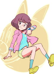 Rule 34 | 10s, 1girl, animal ears, blue socks, brown eyes, glasses, helmet, looking at viewer, makacoon, misora inaho, rabbit ears, shoes, shorts, smile, socks, solo, usapyon, watch, wristwatch, youkai watch, youkai watch (object), youkai watch 3