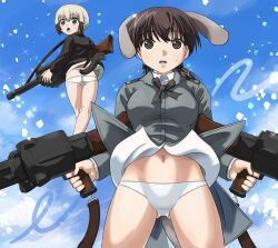 Rule 34 | 2girls, animal ears, ass, blonde hair, blue eyes, blush, breasts, brown eyes, butt crack, dog ears, dog tail, erica hartmann, flying, gertrud barkhorn, gun, hosoinogarou, large breasts, military, military uniform, multiple girls, navel, open mouth, outdoors, rifle, short hair, sky, strike witches, tail, uniform, weapon, world witches series