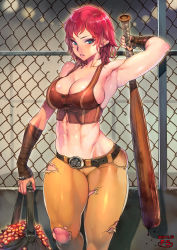 Rule 34 | 1girl, abs, absurdres, armpits, baseball bat, belt, breasts, buttons, cait (fallout 4), chain-link fence, eyeshadow, f.s., fallout 4, fence, highres, large breasts, makeup, medium hair, pants, red eyes, red hair, solo, sweat, tank top, toned, torn clothes, torn legwear