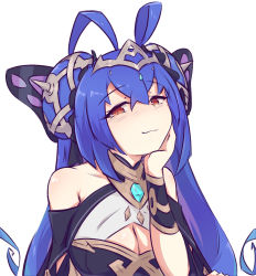 Rule 34 | 1girl, antenna hair, bare shoulders, blue hair, breasts, cleavage, cleavage cutout, clothing cutout, dragalia lost, dress, hair between eyes, hair ornament, hand on own face, highres, long hair, looking at viewer, origa (dragalia lost), pflglcht, red eyes, sleeveless, sleeveless dress, solo, upper body, white background