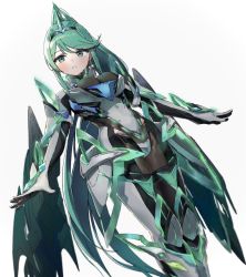 Rule 34 | 1girl, armor, blush, breasts, elbow gloves, epi zero, female focus, gem, gloves, green eyes, green hair, hair ornament, highres, jewelry, large breasts, long hair, looking at viewer, matching hair/eyes, medium breasts, nintendo, pneuma (xenoblade), ponytail, shoulder armor, simple background, smile, solo, spoilers, swept bangs, tiara, very long hair, white background, xenoblade chronicles (series), xenoblade chronicles 2