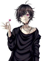 Rule 34 | 1boy, black hair, black shirt, candy, chain, choker, clenched teeth, ear piercing, food, frown, goth fashion, heart, heart-shaped pupils, highres, hz (666v), jewelry, lollipop, multiple rings, number tattoo, original, piercing, pinky ring, ring, shirt, symbol-shaped pupils, tattoo, teeth, white background