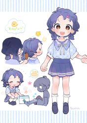 Rule 34 | 1boy, 2girls, ^ ^, aged down, bandaid, bandaid on knee, bandaid on leg, bettermenty, blue hair, blue skirt, blush, brushing another&#039;s hair, brushing hair, closed eyes, dark blue hair, extra, first aid kit, floral print, full body, holding hands, idolmaster, idolmaster million live!, looking at viewer, mother and daughter, multiple girls, multiple views, short sleeves, skirt, smile, toyokawa fuka, twintails