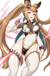 Rule 34 | 1girl, animal ears, blush, breasts, brown hair, capelet, covered navel, erune, granblue fantasy, highleg, highleg leotard, highres, kemurin, leotard, long hair, long sleeves, looking at viewer, medium breasts, metera (granblue fantasy), mole, mole under mouth, nail polish, open mouth, purple eyes, smile, solo, thighhighs, thighs, twintails, white leotard