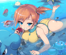 Rule 34 | 1girl, ass, bare arms, bare legs, bare shoulders, barefoot, blue eyes, blush, breasts, commentary request, creatures (company), game freak, gen 1 pokemon, gen 2 pokemon, goldeen, grin, holding, kasai shin, lapras, looking at viewer, lying, medium breasts, misty (pokemon), nintendo, on stomach, one-piece swimsuit, open mouth, orange hair, outdoors, partially submerged, poke ball, poke ball (basic), pokemon, pokemon (anime), pokemon (classic anime), pokemon (creature), short hair, side ponytail, smile, soles, starmie, swimsuit, togepi, water, wet