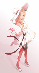 Rule 34 | 1girl, bare arms, bare shoulders, blonde hair, braid, breasts, closed mouth, dress, full body, green eyes, hat, high heels, highres, long hair, looking at viewer, mishuo (misuo69421), original, ribbon, single braid, sleeveless, sleeveless dress, solo, standing, sun hat, tail, torn clothes, torn dress, v-shaped eyebrows, white dress, white hat