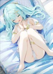 Rule 34 | 1girl, absurdres, aqua hair, bare shoulders, blue hair, blush, bracelet, breasts, dress, faruzan (genshin impact), genshin impact, green eyes, gusha s, hair ornament, highres, jewelry, long hair, looking at viewer, lying, on back, open mouth, panties, short sleeves, small breasts, solo, symbol-shaped pupils, thighlet, triangle-shaped pupils, twintails, underwear, white dress, white panties, x hair ornament