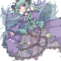 Rule 34 | 1girl, anklet, aqua hair, astaroth (p&amp;d), bad id, bad pixiv id, bloomers, blush, bow, demon girl, demon horns, dress, fishnets, frilled dress, frilled sleeves, frills, hair ornament, horns, jewelry, kawachi (hina), long hair, long sleeves, open mouth, plant, puffy long sleeves, puffy sleeves, purple bow, purple dress, purple eyes, puzzle &amp; dragons, simple background, smile, solo, star (symbol), striped, twintails, underwear, vines, white background