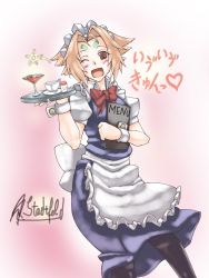 Rule 34 | 1girl, alternate costume, apron, black pantyhose, blonde hair, blue dress, comic, dress, enmaided, facial mark, fiona (zoids), forehead mark, gradient background, highres, long hair, maid, maid apron, maid headdress, one eye closed, open mouth, pantyhose, ponytail, red eyes, ryuuno stadtfeld, solo, zoids