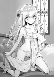 Rule 34 | 1girl, assassins pride, barefoot, blush, braid, breasts, closed mouth, collarbone, couch, crown braid, floating hair, frilled pillow, frills, greyscale, hair between eyes, hair ribbon, highres, indoors, kneeling, long hair, looking at viewer, merida angel, monochrome, navel, ninomoto, novel illustration, official art, pillow, ribbon, small breasts, smile, solo, underwear, underwear only, very long hair
