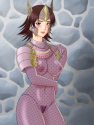 Rule 34 | 1girl, arm across waist, armor, blush, bodystocking, bodysuit, breasts, brown eyes, brown hair, covered erect nipples, covered navel, cowboy shot, crown, embarrassed, facing viewer, female focus, female pubic hair, fishnet bodysuit, fishnets, functionally nude, haru (hall), legs together, looking at viewer, medium breasts, nipples, no bra, no panties, pubic hair, sengoku musou, sengoku musou 3, short hair, solo, standing, stone wall, tachibana ginchiyo, wall