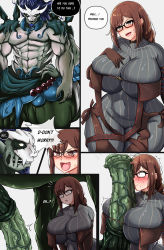 Rule 34 | 1boy, 1girl, absurdres, animal penis, between breasts, black dress, black gloves, blue hair, blush, braid, braided ponytail, breasts, brown hair, centaur, collarbone, constricted pupils, covered navel, dress, earrings, english text, fate/grand order, fate (series), glasses, gloves, grey dress, hand on own chest, hetero, highres, horse penis, huge breasts, huge penis, imminent penetration, jewelry, long hair, looking at penis, open mouth, paizuri, paizuri over clothes, penis, penis awe, sidelocks, speech bubble, surprised, taur, thick thighs, thighs, vaimara18, very long hair, wide hips, xiang yu (fate), yu mei-ren (fate)