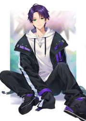 Rule 34 | 1boy, black footwear, black jacket, black pants, blurry, blurry background, closed mouth, commentary request, depth of field, drawstring, green eyes, highres, hood, hood down, hoodie, jacket, jewelry, kenmochi touya, long sleeves, looking at viewer, male focus, mosomoso, nijisanji, open clothes, open jacket, pants, parted bangs, pendant, purple hair, shoe soles, shoes, sitting, sleeves past fingers, sleeves past wrists, smile, solo, virtual youtuber, white hoodie