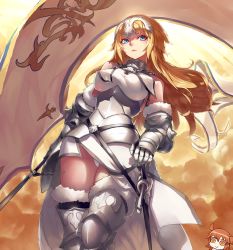 Rule 34 | 2girls, armor, bare shoulders, black legwear, blonde hair, blue eyes, breasts, c:, ceda (dace), chain, chibi, chibi inset, closed mouth, couter, day, fate/apocrypha, fate (series), faulds, flag, fujimaru ritsuka (female), fur-trimmed legwear, fur trim, gauntlets, gorget, hand on hilt, headpiece, holding, holding flag, jeanne d&#039;arc (fate), jeanne d&#039;arc (ruler) (fate), jeanne d&#039;arc (third ascension) (fate), large breasts, light smile, long hair, looking at another, looking at viewer, looking to the side, multiple girls, orange eyes, orange hair, outdoors, panties, pantyshot, riyo (lyomsnpmp) (style), sheath, sheathed, side ponytail, smile, solo focus, standard bearer, standing, sword, thighhighs, underbust, underwear, weapon, white panties