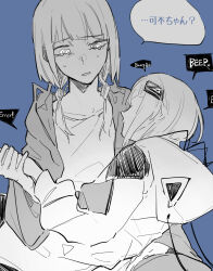 Rule 34 | 2girls, android, blue background, braid, cevio, closed eyes, commentary, crying, crying with eyes open, diamond hair ornament, dual persona, english text, error message, greyscale with colored background, hair over shoulder, highres, holding hands, hood, hood down, hooded jacket, isozaki (iso zaki54), jacket, kaf (kamitsubaki studio), kafu (cevio), kamitsubaki studio, long hair, long sleeves, looking at another, low twin braids, lying on lap, multiple girls, open clothes, open jacket, ringed eyes, simple background, tears, translated, twin braids, unconscious, virtual youtuber, worried