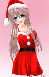 Rule 34 | 1girl, absurdres, arms behind back, belt, black belt, blue eyes, blush, breasts, brown hair, christmas, collarbone, dress, fur-trimmed dress, fur-trimmed headwear, fur trim, hat, highres, large breasts, long hair, looking at viewer, open mouth, pink background, pom pom (clothes), red dress, red headwear, sanoba witch, santa dress, santa hat, shiiba tsumugi, shino (pixiv7784246), sleeveless, smile, standing