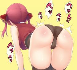 Rule 34 | 1girl, ^^^, all fours, ascot, ass, ass focus, bare shoulders, bent over, black panties, black thighhighs, breasts, cameltoe, cleft of venus, dan (kumadan), facing away, from behind, hair ribbon, highres, hololive, houshou marine, houshou marine (1st costume), jacket, medium hair, motion lines, no pants, panties, red hair, red jacket, ribbon, simple background, sleeveless, solo, spanked, thighhighs, thighs, trembling, twintails, underwear, virtual youtuber, yellow background