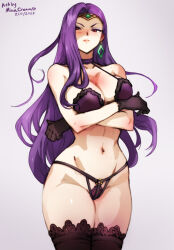 Rule 34 | 1girl, black thighhighs, blush, breasts, circlet, cleavage, earrings, fire emblem, fire emblem echoes: shadows of valentia, jewelry, lace, lace-trimmed legwear, lace panties, lace trim, large breasts, long hair, looking at viewer, mina cream, navel, nintendo, panties, purple hair, simple background, solo, sonya (fire emblem gaiden), thick thighs, thighhighs, thighs, tiara, underwear