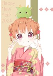 Rule 34 | 1girl, blush, brown hair, commentary, creature on head, double bun, double v, dragon, floral print, hair bun, hair ribbon, happy new year, highres, japanese clothes, kimono, looking at viewer, mearian, new year, obi, original, pink kimono, purple eyes, red ribbon, red sash, ribbon, sash, smile, teeth, twintails, twitter username, v, wide sleeves