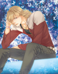 Rule 34 | 10s, 1boy, barnaby brooks jr., belt, blonde hair, glasses, green eyes, hand in own hair, jacket, jewelry, male focus, necklace, red jacket, solo, studded belt, t2rn, tiger &amp; bunny