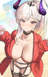 Rule 34 | 1girl, blush, breasts, choker, cleavage, collarbone, commission, demon girl, demon horns, foreshortening, garter belt, garter straps, grey hair, highres, horns, lace, lace-trimmed panties, lace trim, large breasts, long hair, long sleeves, looking at viewer, mole, mole under eye, nail polish, navel, original, panties, parted lips, ponytail, purple eyes, solo, thighhighs, thighs, twin (tt lsh), underwear