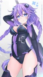 Rule 34 | 1girl, arm behind head, arm up, black gloves, black leotard, blue eyes, blush, bodysuit, boots, braid, breasts, carrying over shoulder, choujigen game neptune, choujigen game neptune sisters vs sisters, choujigen game neptune the animation, cleavage, cleavage cutout, clothing cutout, compile heart, covered navel, cowboy shot, d-pad, d-pad hair ornament, from below, giga-tera, gloves, gluteal fold, hair ornament, hairclip, headgear, hip focus, holding, holding sword, holding weapon, idea factory, leaning forward, legs, leotard, long hair, looking at viewer, looking down, medium breasts, neck, neptune (neptunia), neptune (series), power symbol, power symbol-shaped pupils, purple hair, purple heart (neptunia), skin tight, smile, solo, sword, sword behind back, symbol-shaped pupils, thigh boots, thighs, twin braids, twintails, very long hair, weapon